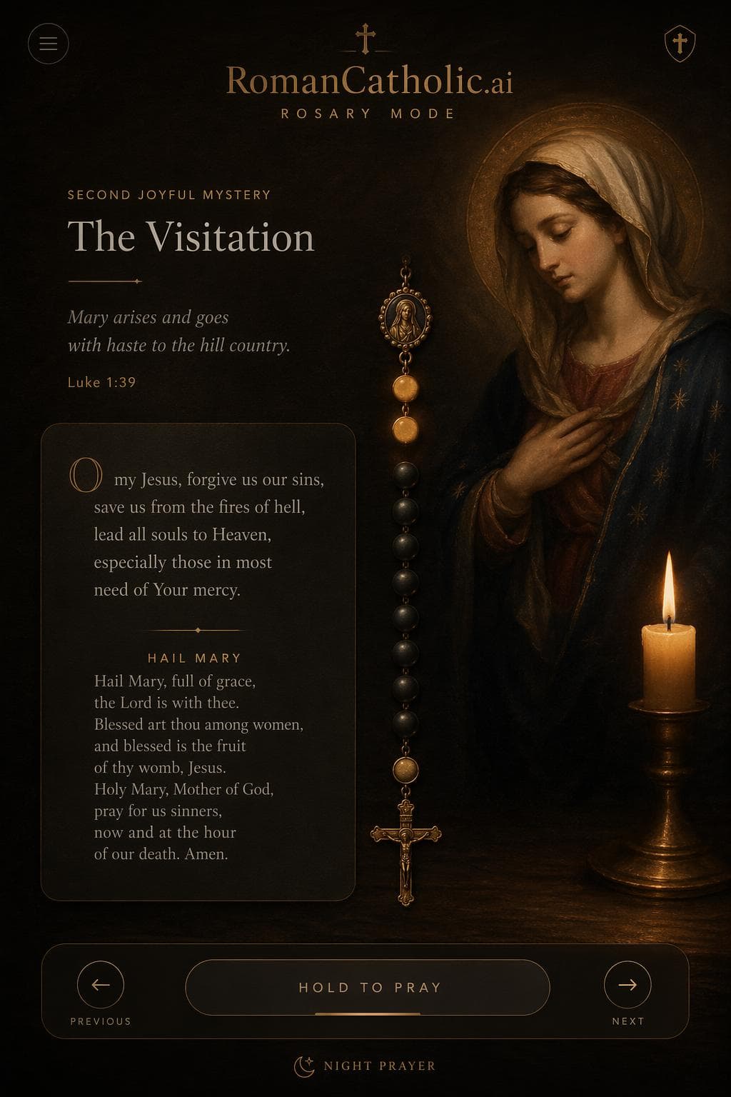 Candlelit devotional arrangement with rosary and prayer book.