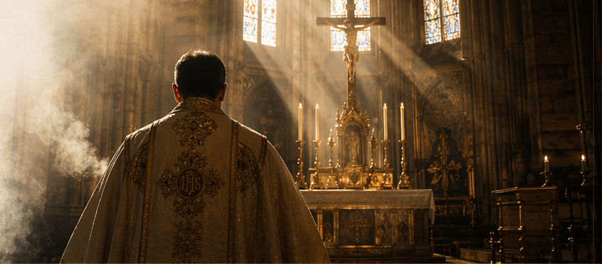 Priest standing before the altar in a cathedral.