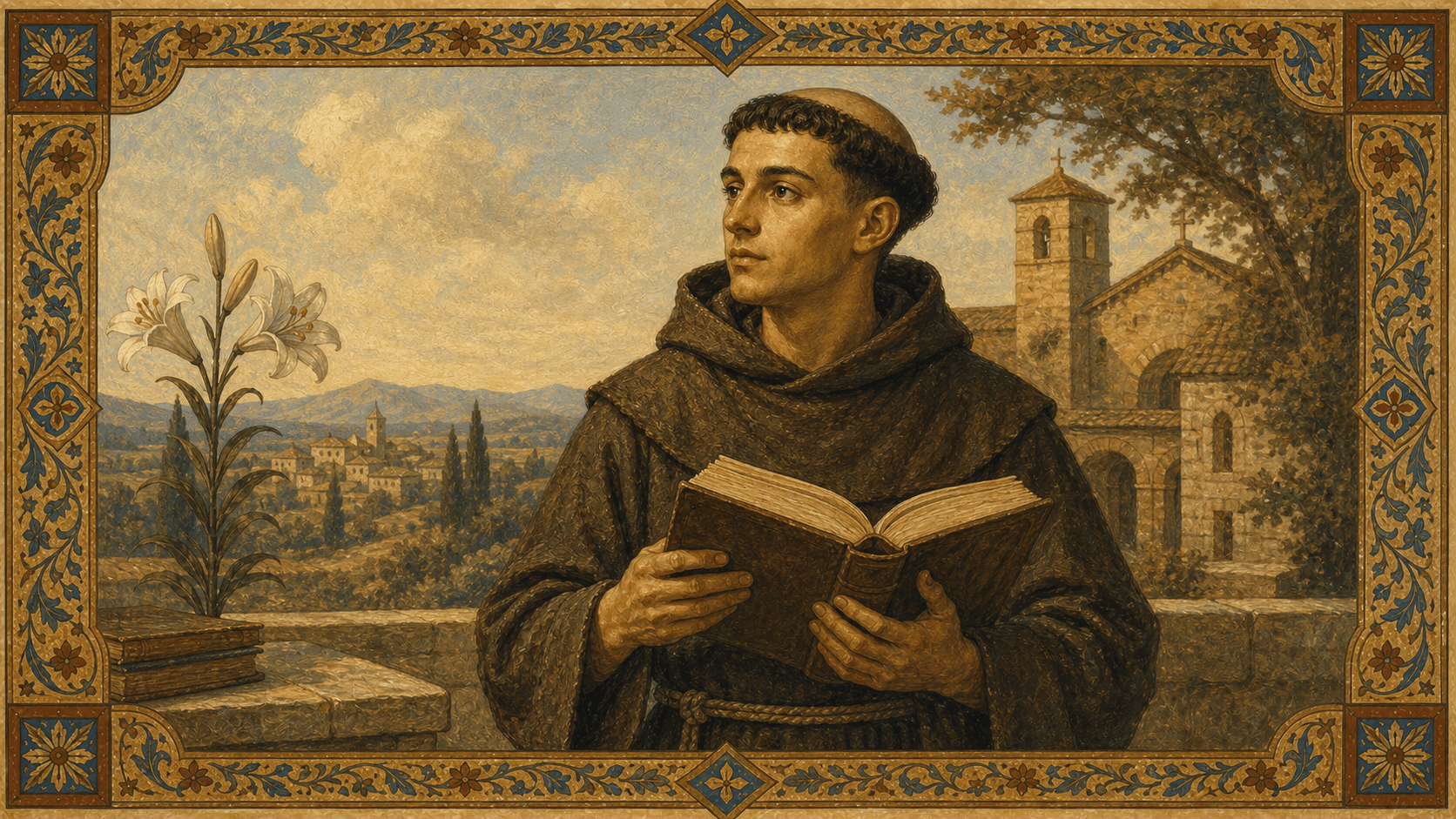 St. Anthony of Padua as a young Franciscan friar with a lily and open book.