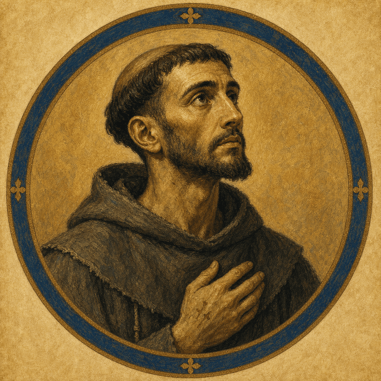 Portrait medallion of St. Francis of Assisi matching the Francis hero portrait.