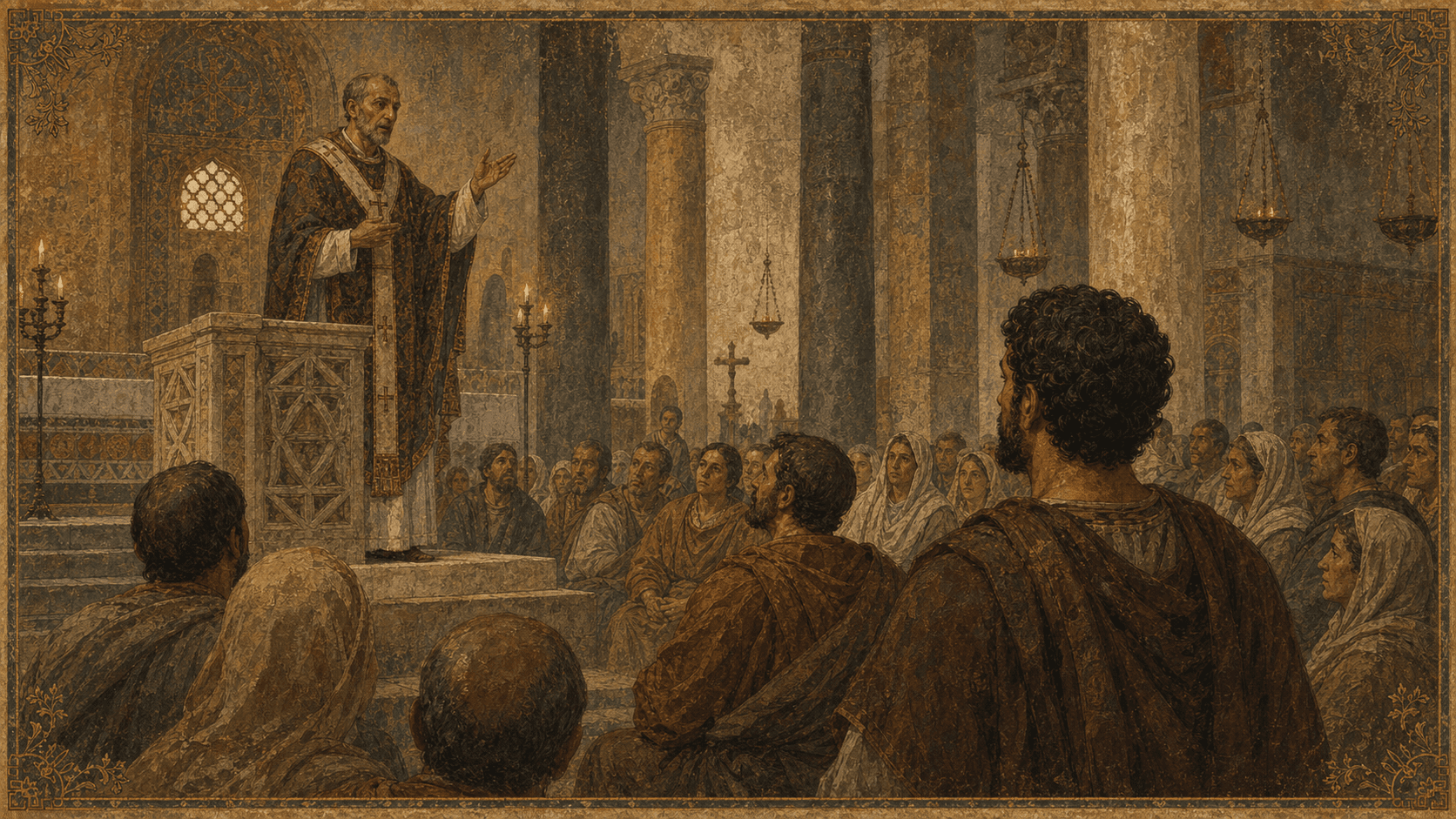 Ambrose preaching in his Milan cathedral, where Augustine first heard him.
