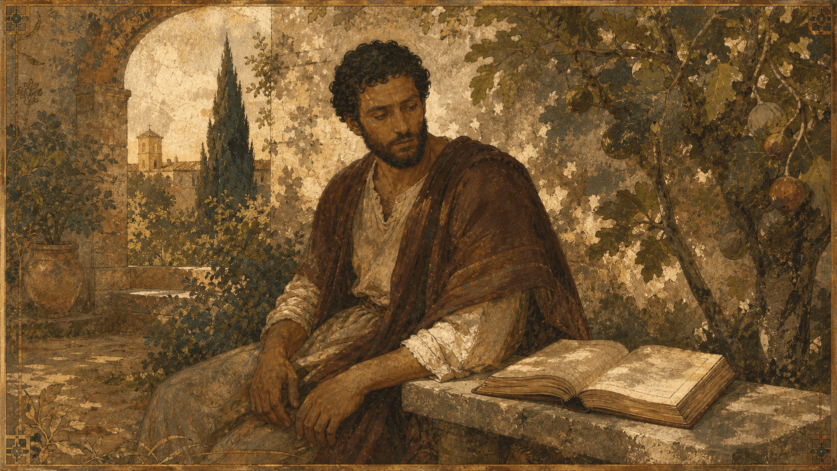 Augustine of Hippo in a Milanese garden beside an open codex.