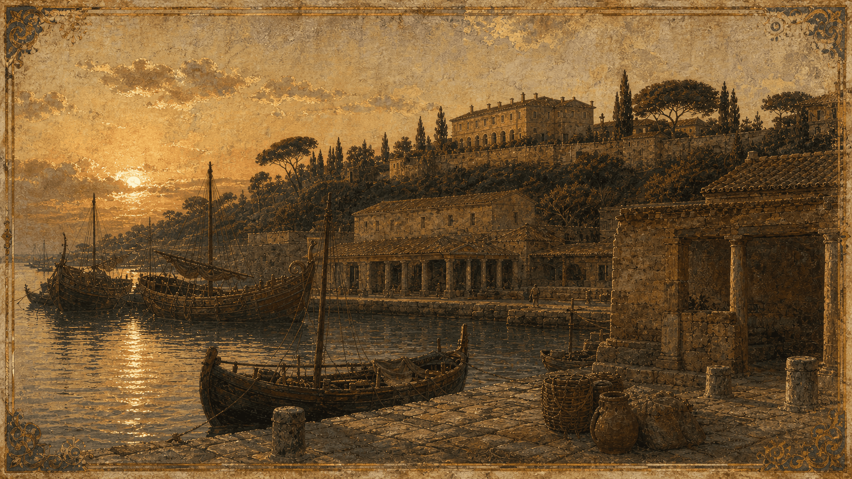 The harbor of Ostia at dusk, where St. Monica died in 387.