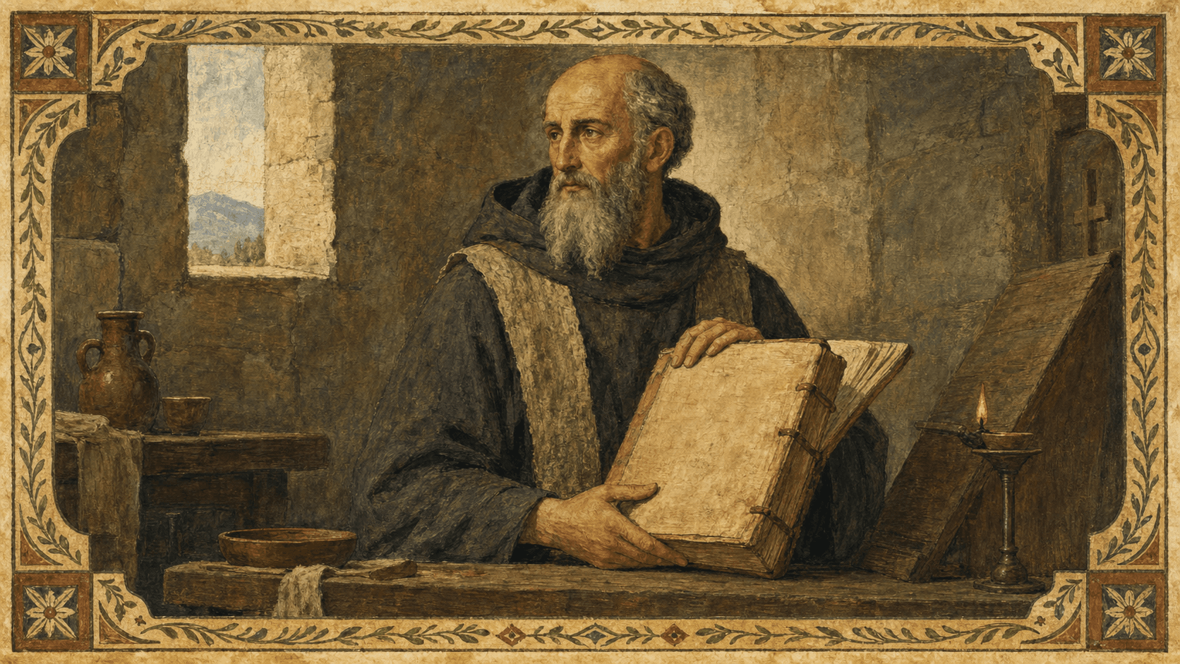 St. Benedict of Nursia in a plain early-monastic habit holding the Rule.