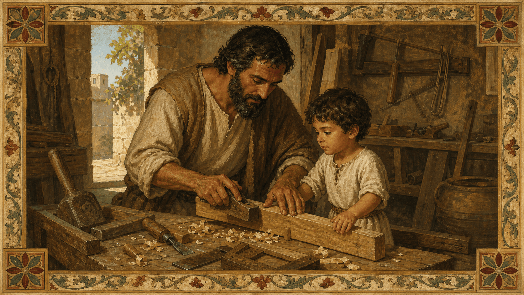 St. Joseph in a Nazareth workshop with the young Christ Child.