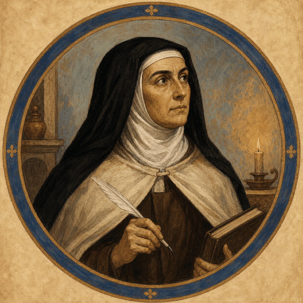 Portrait medallion of St. Teresa of Avila in a Carmelite habit with book and quill.
