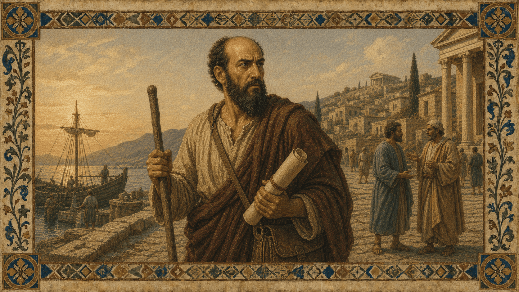 St. Paul the Apostle as a wiry apostolic traveler with scroll, staff, and oxblood mantle.