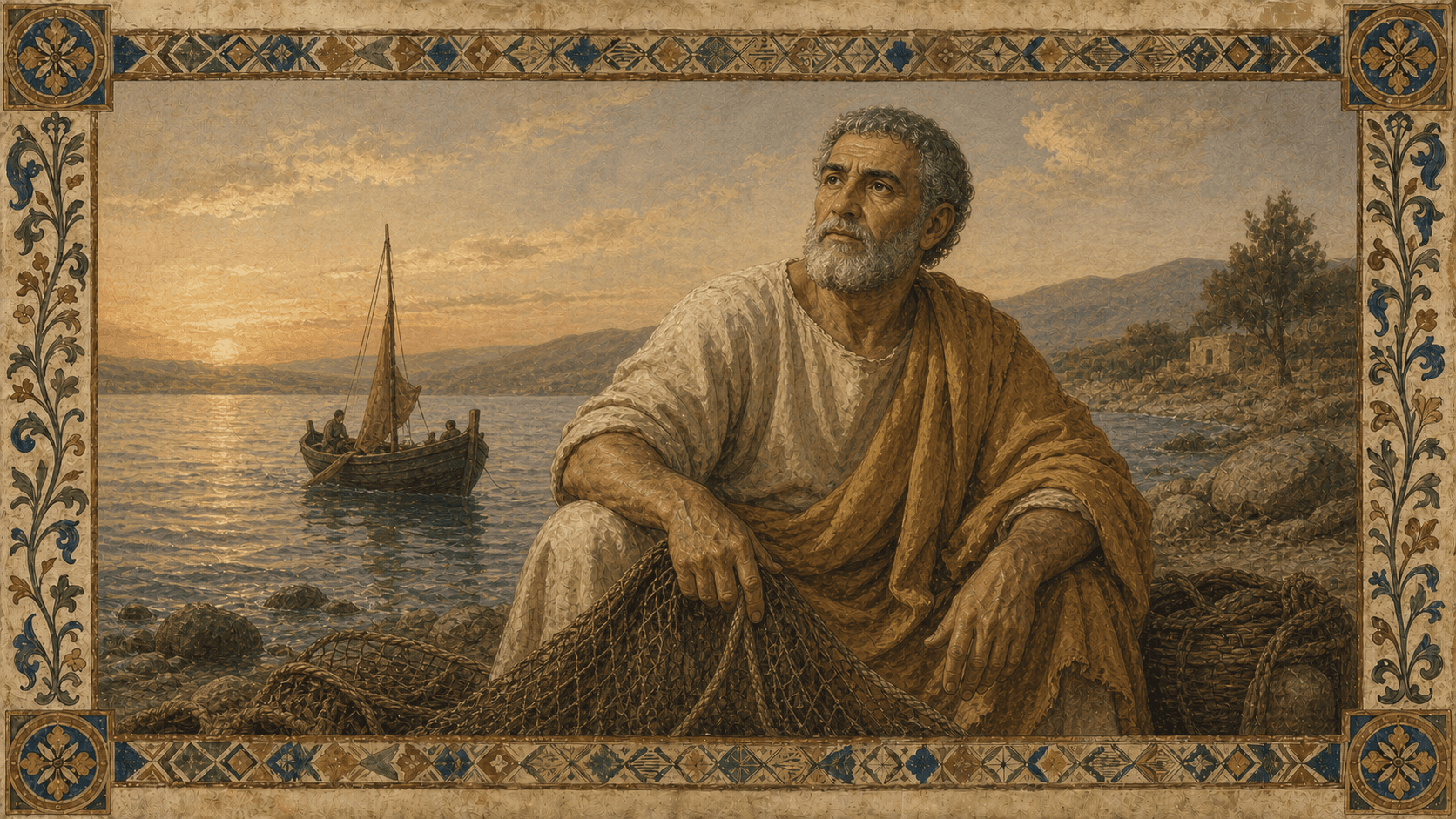 St. Peter as a weathered Galilean fisherman and apostle, with net and ochre mantle.