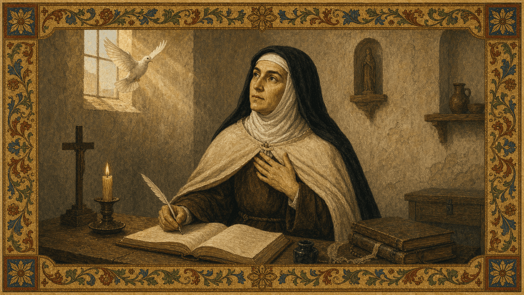 St. Teresa of Ávila writing by candlelight in a Discalced Carmelite habit.