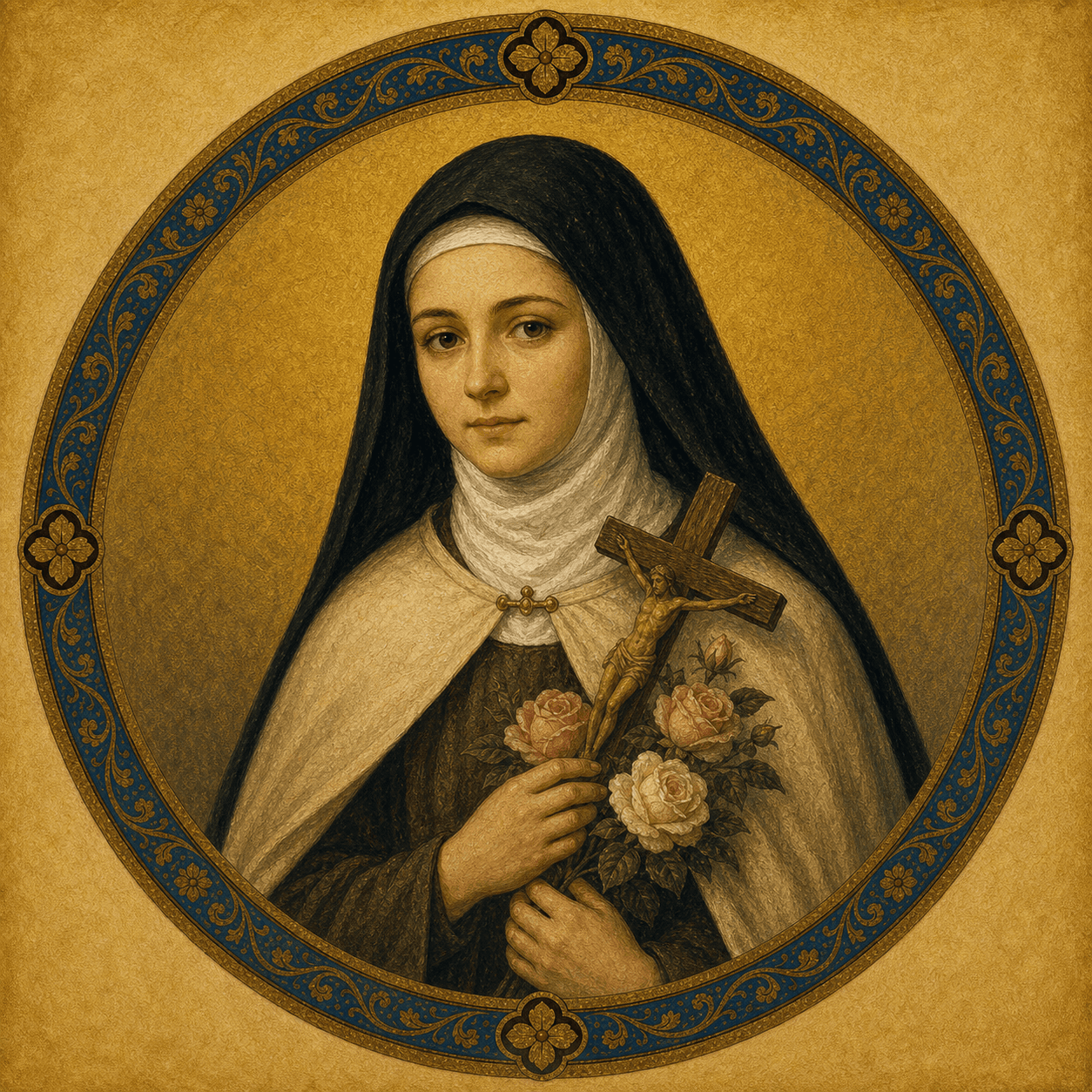 Portrait medallion of St. Thérèse of Lisieux, young and distinct from Teresa of Avila.